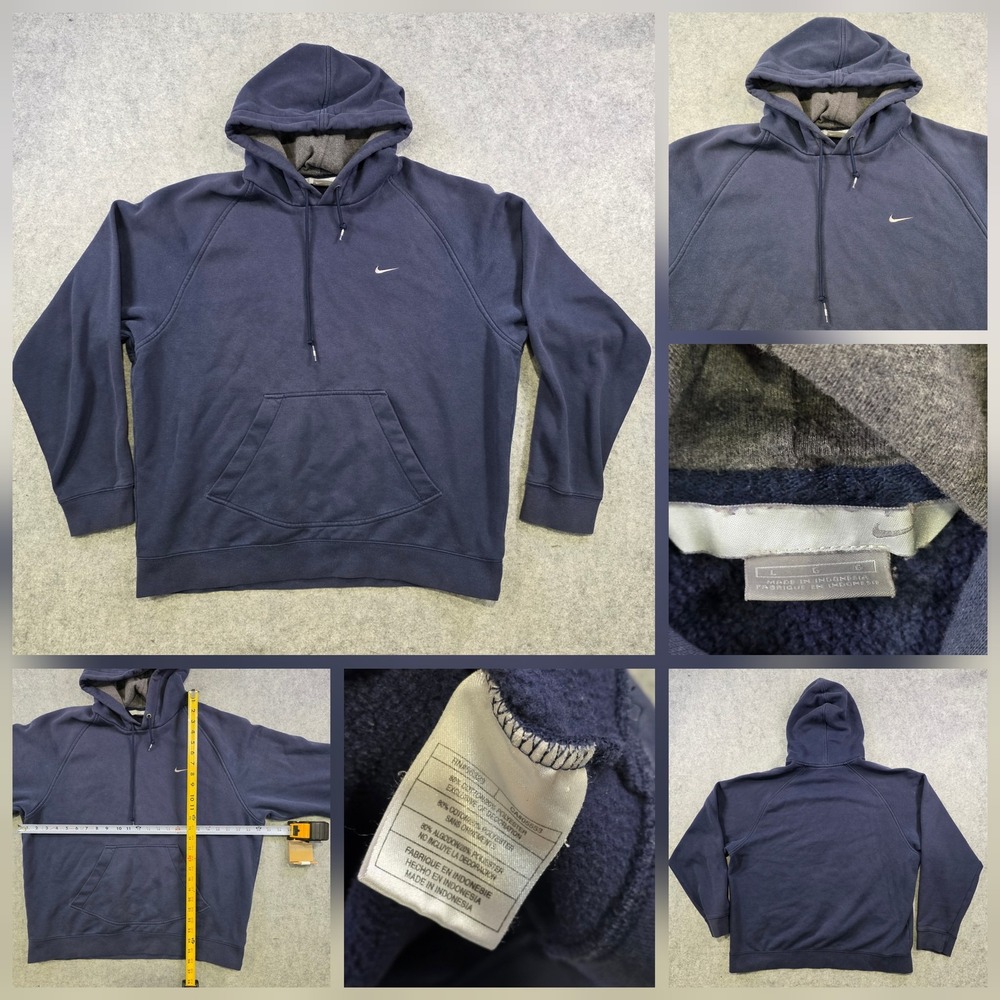 VTG Y2K Nike Hoodie Mens Large Blue Fleece Pullover Swoosh Logo Sweatshirt 2000s